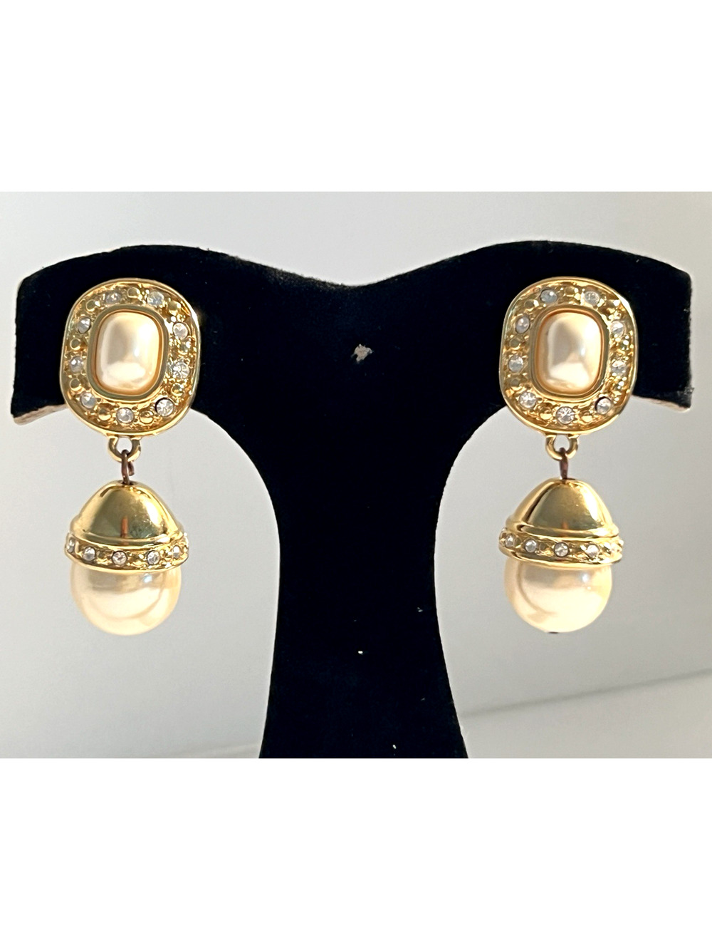 Faux Pearl Earrings BLING Rhinestones Gold Brass Plated Vintage Clip-ons
